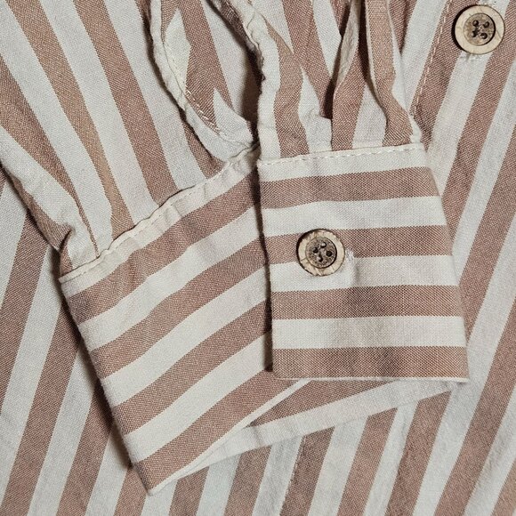 Striped Button-Up Shirt  Womans Crochet Back Panel Beige White Size Med Boho - Picture 5 of 13